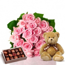 20 Pink Roses with Teddy & Chocolates