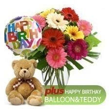 Gerbera Bunch + Teddy + Birthday Balloon