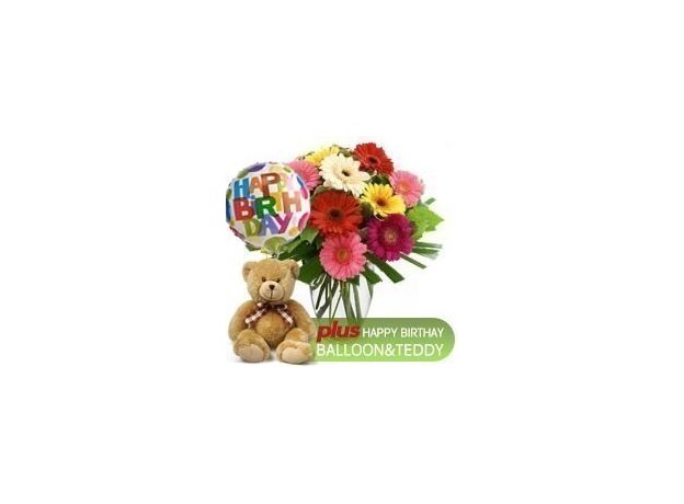 Gerbera Bunch + Teddy + Birthday Balloon