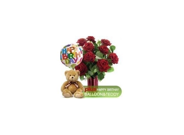 12 Red Roses Teddy Birthday Balloon