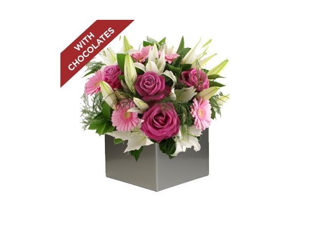 Rose, Gerbera And Lily Arrangement With Chocolates