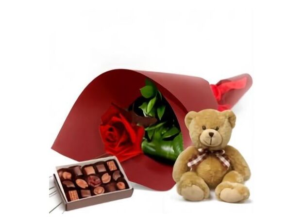 Single Rose With Chocolates And Teddy