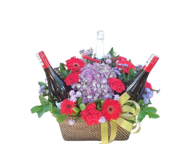 Bottles Of Red, White & Sparkling With Flowers