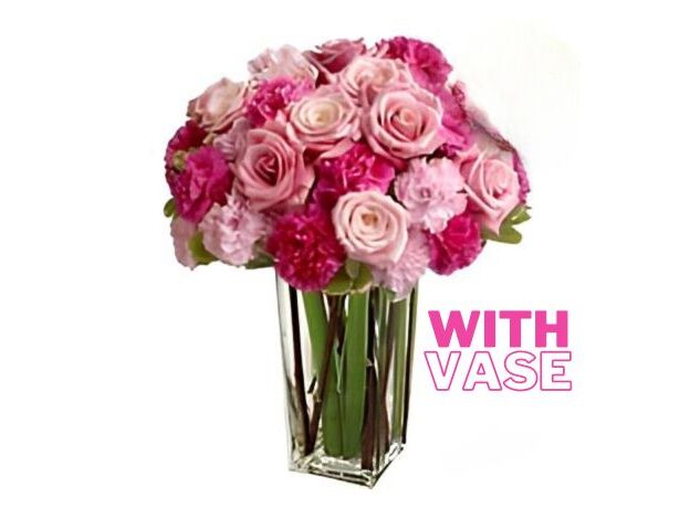 Roses And Carnations Bunch With Vase